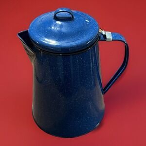 Vtg. Lg‎ Enamelware Graniteware Blue Speckled Stove Top Coffee Pot 10" w/ Cup